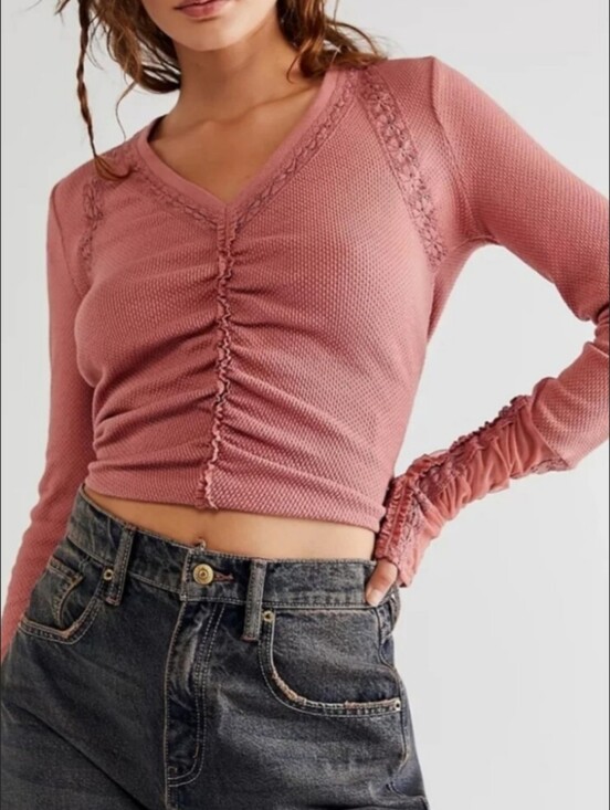 Free People Tops - Free People Wear Me Out Ruched Long Sleeve Lace Thermal in Rose Smoke XS NWT